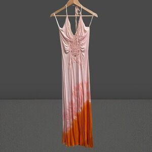 NEW Sky Maxi Dress Crochet Tie Die Halter Pink Orange Medium READ‎